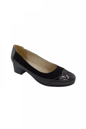 Pantofi cu toc gros 4 cm - Pantofi dama casual, piele naturala lacuit, camoscio, toc mic gros si lacuit, negru, Sandali