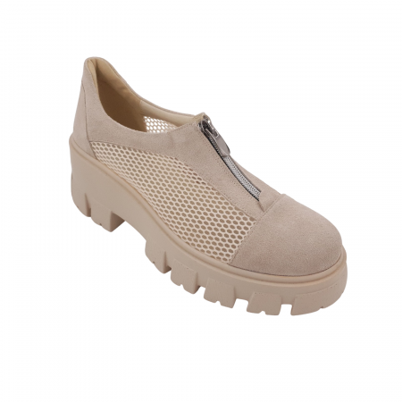 Pantofi fara toc - Pantofi damă casual, piele naturală, plasă, fermoar, talpă ușoară, crampoane mari, bej, Sandali
