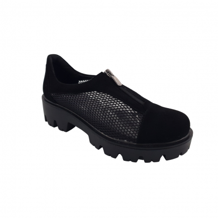 Pantofi fara toc - Pantofi damă casual, piele naturală, plasă, fermoar, talpă ușoară, crampoane, negru, Sandali