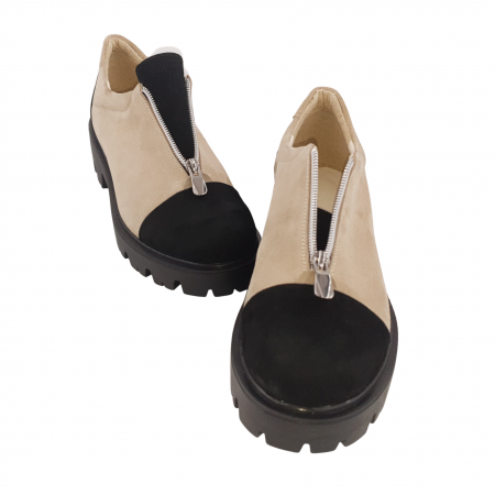 Pantofi damă casual, piele naturală velur, cu fermoar, talpă ușoară, crampoane, bej, negru, Sandali [4]