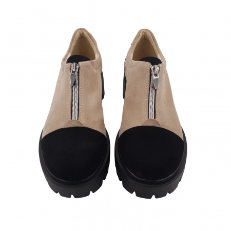Pantofi damă casual, piele naturală velur, cu fermoar, talpă ușoară, crampoane, bej, negru, Sandali [2]