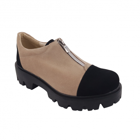 Pantofi fara toc - Pantofi damă casual, piele naturală velur, cu fermoar, talpă ușoară, crampoane, bej, negru, Sandali