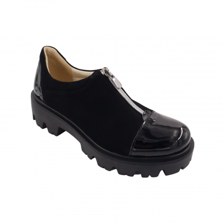 Pantofi damă - Pantofi damă casual, piele naturală velur, cu fermoar, talpă ușoară, crampoane, lăcuit, negru, Sandali