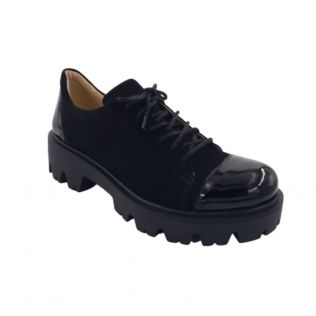 Pantofi fara toc - Pantofi damă casual, piele naturală velur, cu șiret, talpă ușoară, crampoane, lăcuit, negru, Sandali