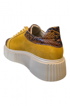 Pantofi damă casual, piele naturală velur cu șireturi, imprimeu sarpe, galben [2]