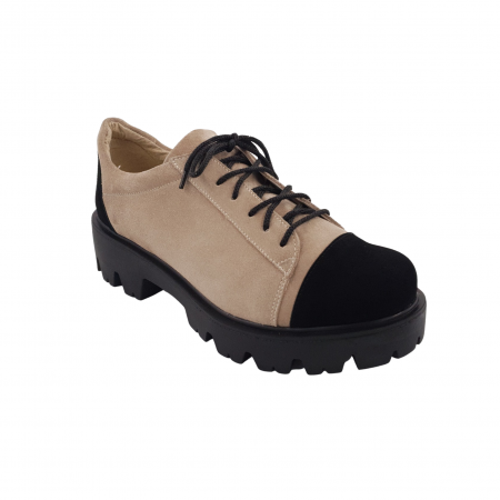 Pantofi fara toc - Pantofi damă casual, piele naturală velur, cu șiret, talpă ușoară, crampoane, bej, negru, Sandali