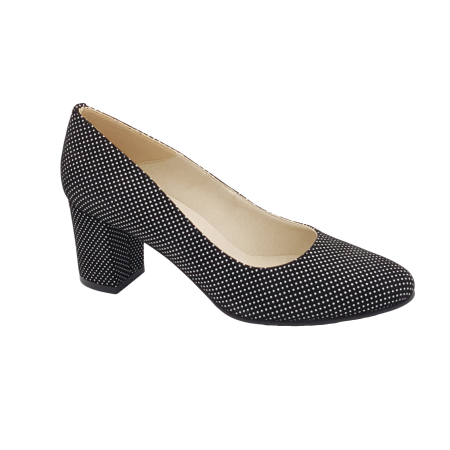 LICHIDARE STOC - Pantofi damă cu imprimeu buline albe, vârf rotund, toc gros 6 cm