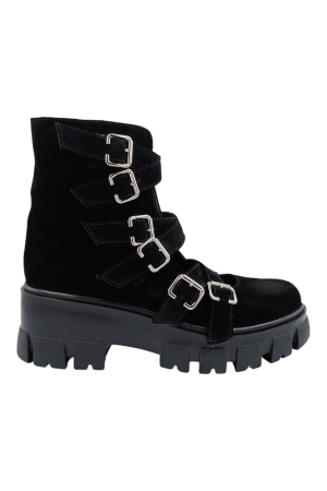 LICHIDARE STOC - Ghete dama casual, piele naturala, 6 catarame, negru velur, talpa usoara