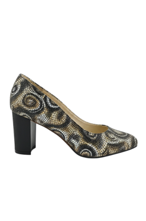 Pantofi cu toc gros 7 cm - Pantofi damă piele naturală cu imprimeu abstract și toc negru striat