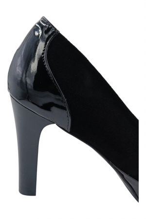 Pantofi damă eleganți, piele întoarsă cu lac, vârf rotund, toc înalt îmbrăcat, negru [5]