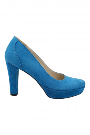 Pantofi damă - Pantofi damă eleganți, piele întoarsă, vârf rotund, toc înalt îmbrăcat, albastru