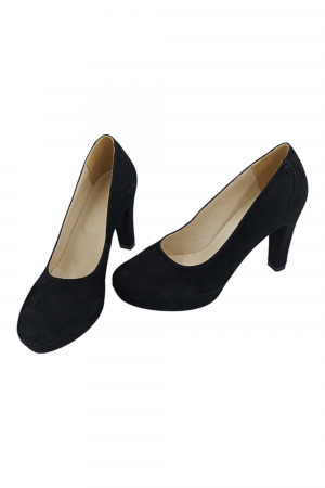 Pantofi damă eleganți, piele întoarsă, vârf rotund, toc înalt îmbrăcat, negru [4]