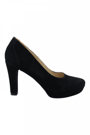 Pantofi damă - Pantofi damă eleganți, piele întoarsă, vârf rotund, toc înalt îmbrăcat, negru
