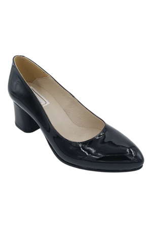 Pantofi cu toc gros 5 cm - Pantofi damă eleganți, piele lăcuită, vârf migdalat, toc gros îmbrăcat, negru. SANDALI