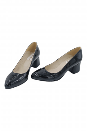 Pantofi damă eleganți, piele lăcuită, vârf migdalat, toc gros îmbrăcat, negru. SANDALI [4]