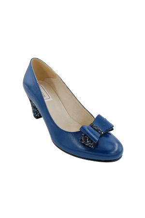 Pantofi dama eleganti, piele naturala, albastru cu funda, toc mediu gros imbracat cu flori albastre, Sandali [1]