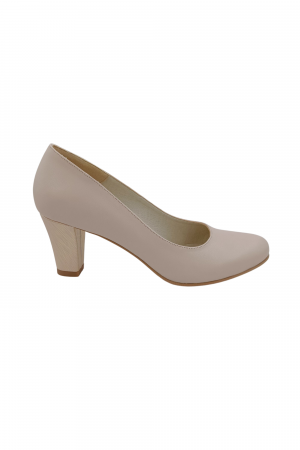 Pantofi cu toc conic - Pantofi dama eleganti, piele naturala bej, toc mediu gros imbracat cu imprimeu de linii aurii, Sandali
