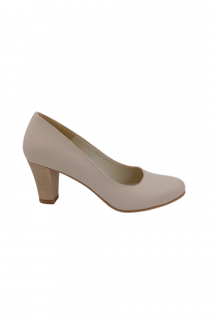 Pantofi cu toc conic - Pantofi dama eleganti, piele naturala bej , toc mediu gros imbracat cu puncte, Sandali