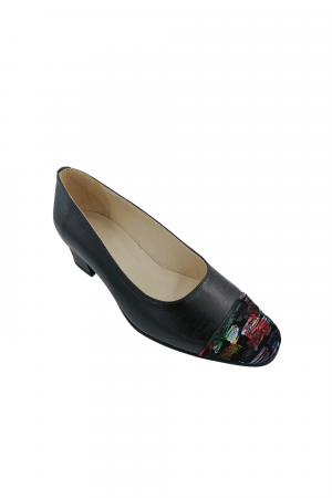 Pantofi cu toc gros 4 cm - Pantofi damă eleganți, piele naturală box, toc gros, negru, picasso, Sandali