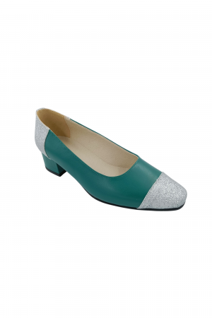 Pantofi cu toc gros 4 cm - Pantofi damă eleganți, piele naturală box, toc gros, vârf migdalat, glitter argintiu, verde, Sandali