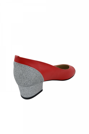 Pantofi damă eleganți, piele naturală box, toc gros, vârf rotund, glitter argintiu, roșu, Sandali [1]