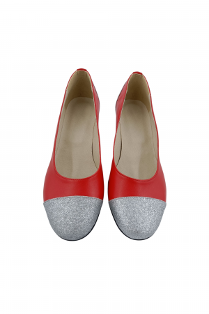 Pantofi damă eleganți, piele naturală box, toc gros, vârf rotund, glitter argintiu, roșu, Sandali [2]