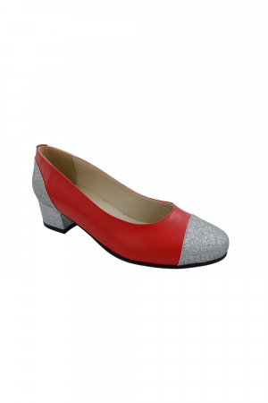 Pantofi cu toc gros 4 cm - Pantofi damă eleganți, piele naturală box, toc gros, vârf rotund, glitter argintiu, roșu, Sandali