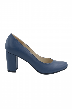 Pantofi cu toc gros 7 cm - Pantofi damă eleganți, piele naturală box, toc mediu gros îmbrăcat, albastru, SANDALI