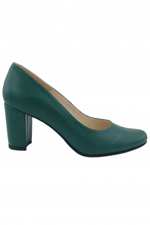Pantofi cu toc gros 7 cm - Pantofi damă eleganți, piele naturală box, toc mediu gros îmbrăcat, verde. SANDALI