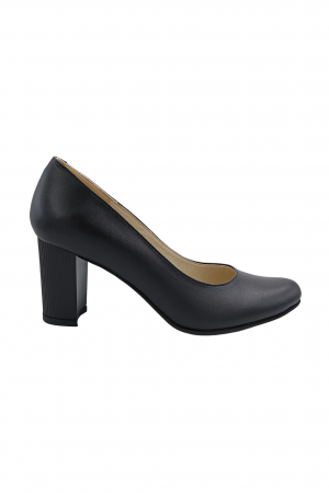 Pantofi cu toc gros 7 cm - Pantofi damă eleganți, piele naturală box, toc mediu gros striați, negru, SANDALI