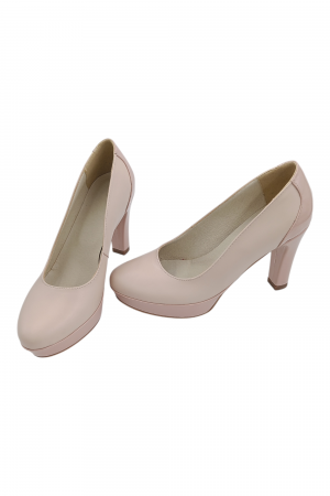 Pantofi damă eleganți, piele naturală cu lac, vârf rotund, toc înalt îmbrăcat, bej-roz [5]
