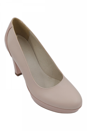 Pantofi damă eleganți, piele naturală cu lac, vârf rotund, toc înalt îmbrăcat, bej-roz [2]
