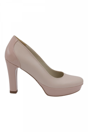 Pantofi damă - Pantofi damă eleganți, piele naturală cu lac, vârf rotund, toc înalt îmbrăcat, bej-roz