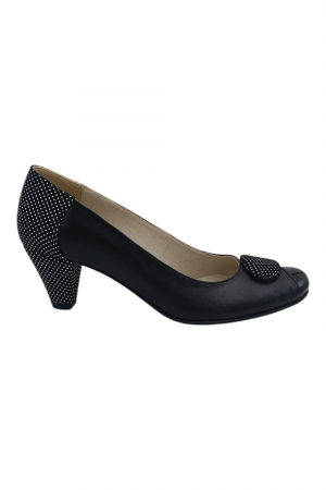 Vara - Pantofi damă eleganți, piele naturală, vârf rotund, toc mic si conic, negru