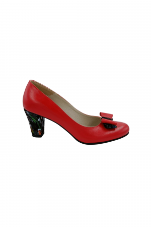 Pantofi cu toc conic - Pantofi dama eleganti, piele naturala, funda, toc mediu gros imbracat cu imprimeu tip picasso, rosu, Sandali