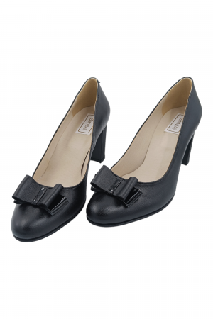 Pantofi damă eleganți, piele naturală, fundă, toc mediu gros striați, negru, Sandali [4]