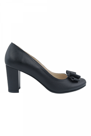 Pantofi cu toc gros 7 cm - Pantofi damă eleganți, piele naturală, fundă, toc mediu gros striați, negru, Sandali