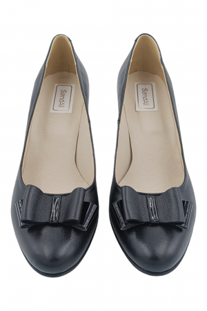 Pantofi damă eleganți, piele naturală, fundă, toc mediu gros striați, negru, Sandali [3]