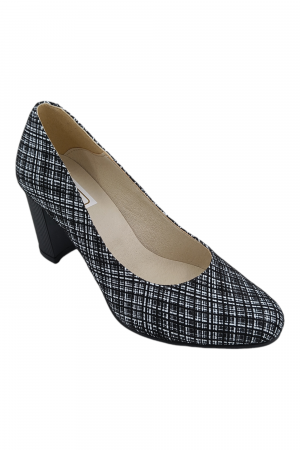 Pantofi cu toc gros 7 cm - Pantofi damă eleganți, piele naturală imprimeu carouri albe, toc mediu gros striați, SANDALI