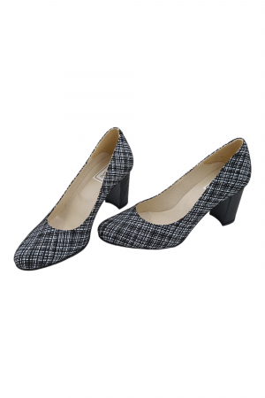 Pantofi damă eleganți, piele naturală imprimeu carouri albe, toc mediu gros striați, SANDALI [4]