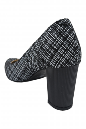Pantofi damă eleganți, piele naturală imprimeu carouri albe, toc mediu gros striați, SANDALI [2]