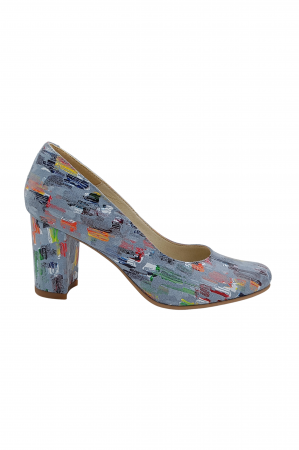 Pantofi cu toc gros 7 cm - Pantofi damă eleganți, piele naturală imprimeu picasso, toc mediu gros îmbrăcat, bleo, SANDALI