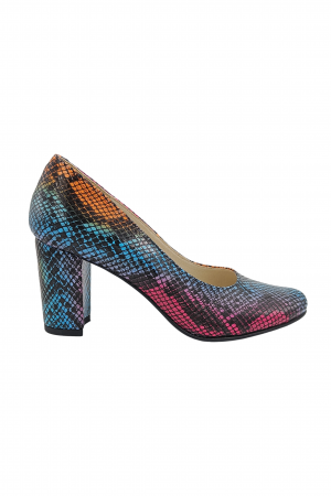 Pantofi cu toc gros 7 cm - Pantofi damă eleganți, piele naturală imprimeu șarpe, toc gros îmbrăcat, multicolor, SANDALI