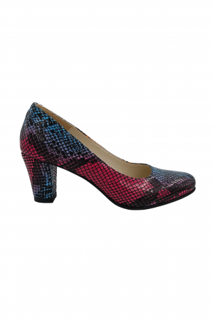 Pantofi cu toc conic - Pantofi damă eleganți, piele naturală imprimeu șarpe, toc mediu gros îmbrăcat, multicolor, SANDALI