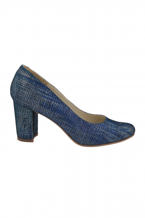 Pantofi cu toc gros 7 cm - Pantofi damă eleganți, piele naturală imprimeu, toc mediu gros îmbrăcat, albastru turcoaz argint. SANDALI