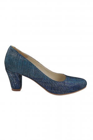 Pantofi cu toc conic - Pantofi damă eleganți, piele naturală imprimeu, toc mediu gros îmbrăcat, albastru turcoaz argint, SANDALI