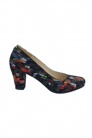 Pantofi cu toc conic - Pantofi damă eleganți, piele naturală imprimeu, toc mediu gros îmbrăcat, negru picasso, SANDALI