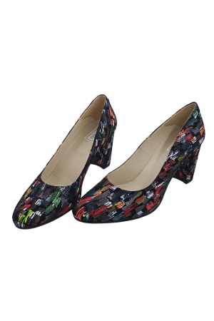 Pantofi damă eleganți, piele naturală imprimeu, toc mediu gros îmbrăcat, negru picasso, SANDALI [2]