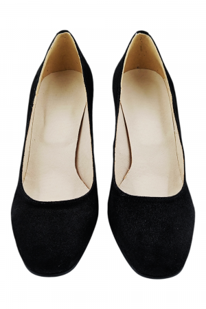 Pantofi damă eleganți, piele naturală întoarsă, vârf pătrat, toc gros, negru [3]