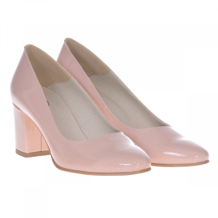 Pantofi damă eleganți, piele naturală lăcuită, toc gros îmbrăcat, bej, Sandali [2]